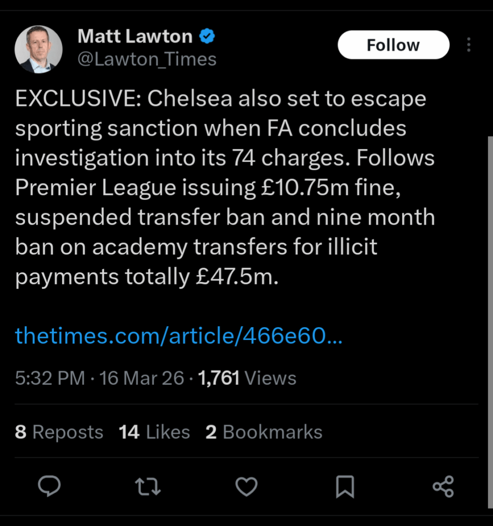 Matt Lawton: Chelsea also set to escape sporting sanction when FA concludes investigation into its 74 charges. Follows Premier League issuing £10.75m fine, suspended transfer ban and nine month ban on academy transfers for illicit payments totally £47.5m.