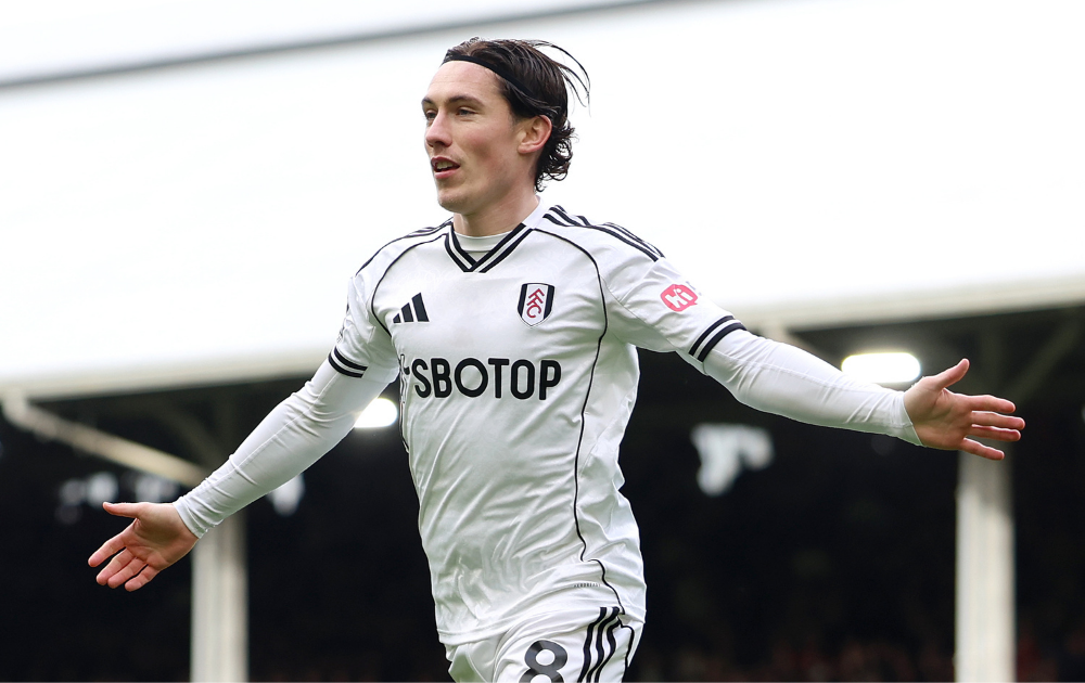 : Harry Wilson of Fulham celebrates scoring his team's first goal during the Premier League match between Fulham and Tottenham Hotspur at Craven Cottage on March 01, 2026 in London, England.