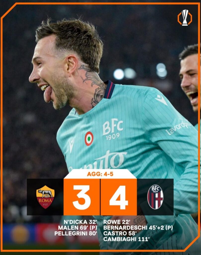 Bologna win 4-3 AET (5-4 total) this year's italian EuroDerby and advance to the Europa League quarter finals