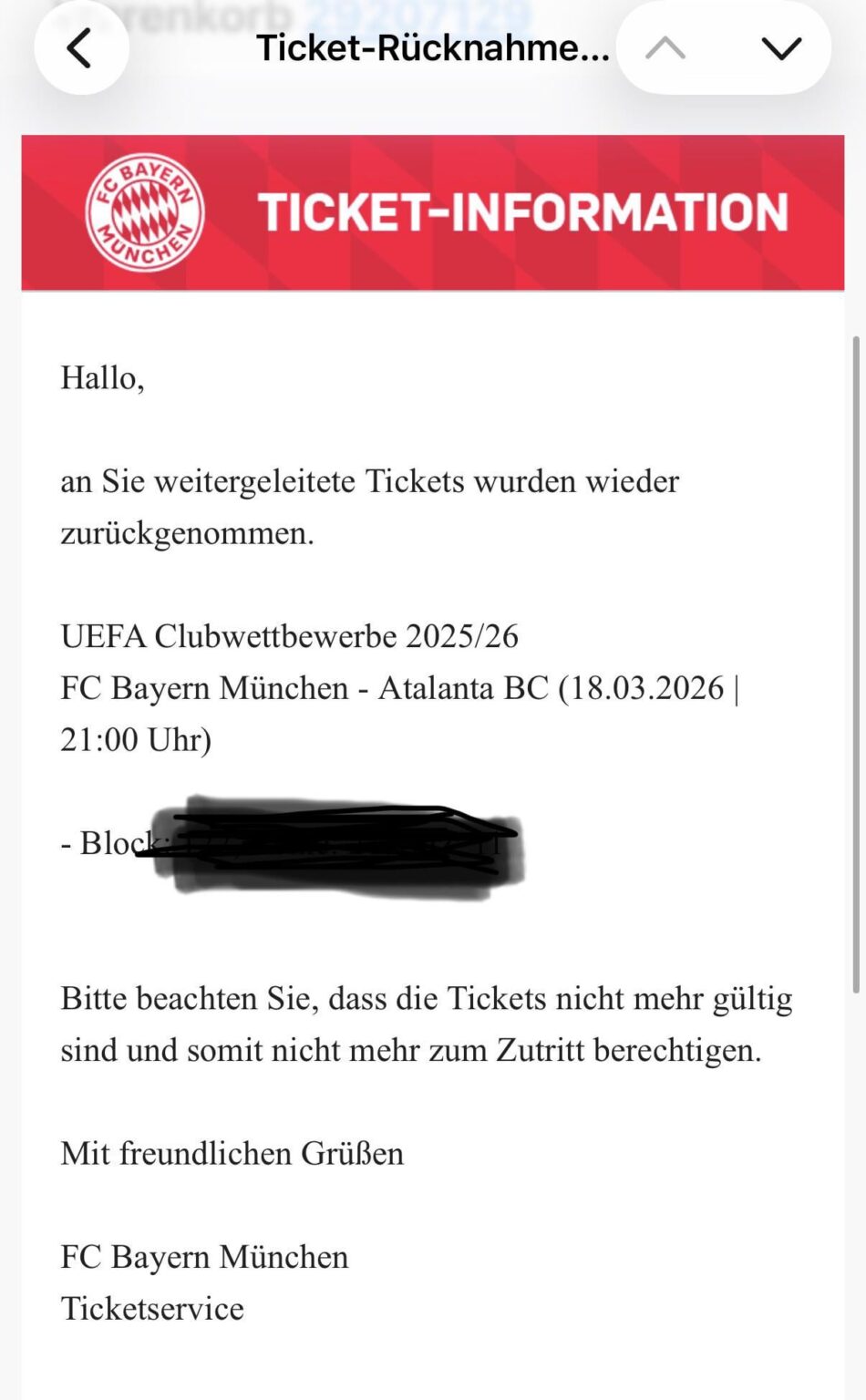 Got a ticket for the game against Atalanta but just got this email