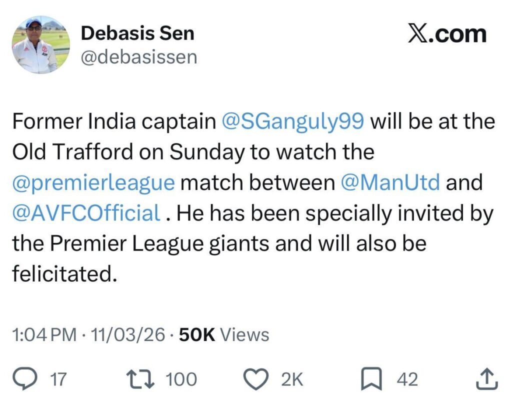 Former Indian Cricket Team Captain Sourav Ganguly will be in Attendance to watch the Game vs Villa.
