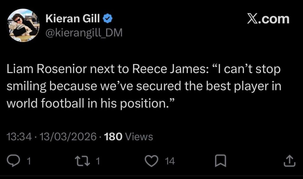 [Kieran Gill] Liam Rosenior next to Reece James: “I can’t stop smiling because we’ve secured the best player in world football in his position.”