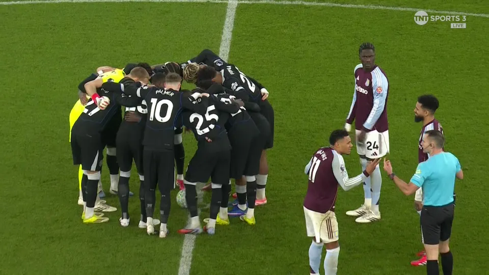 Aston Villa players rage at Chelsea team talk in centre circle
