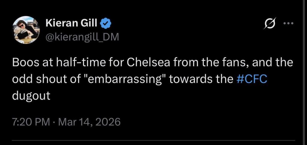 Kieran Gill: Boos at half-time for Chelsea from the fans, and the odd shout of "embarrassing" towards the #CFC dugout