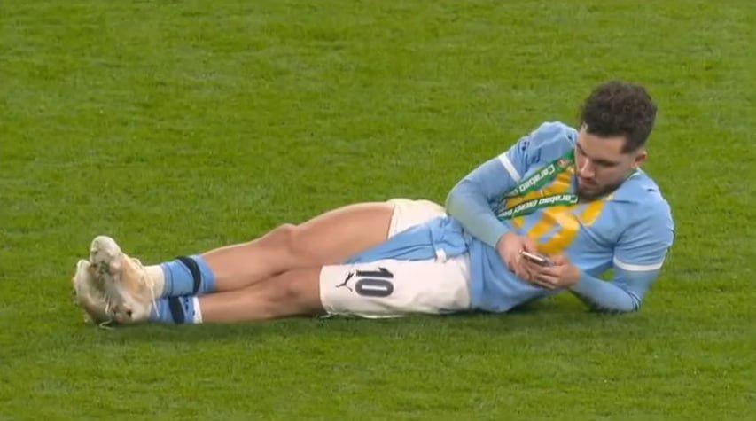 Cherki five minutes after winning the Carabao Cup.