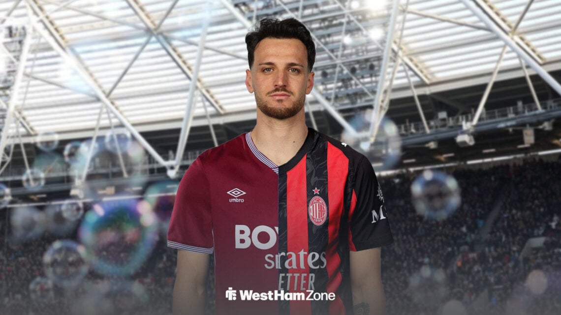 Federico Gatti in West Ham and AC Milan shirt at London Stadium