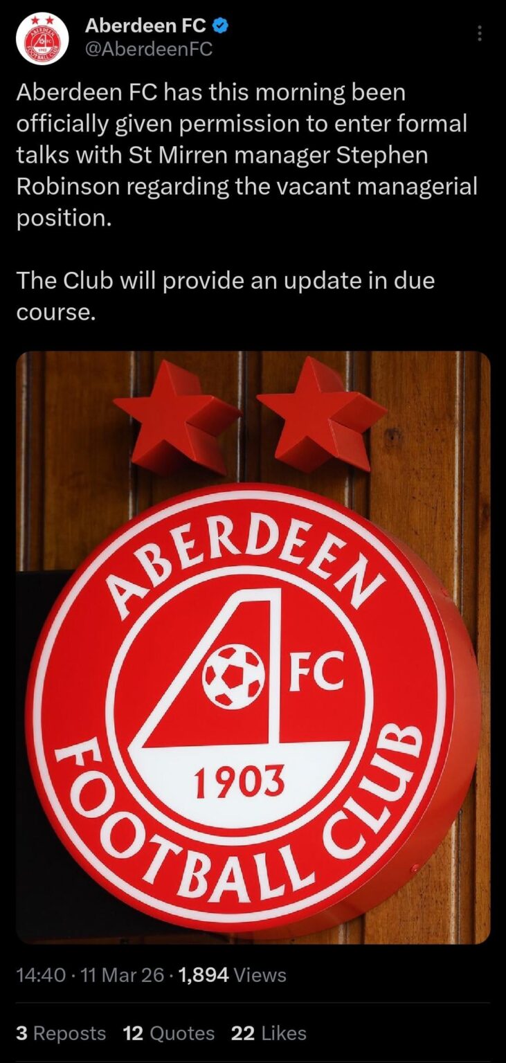 Bottom 6 no hopers Aberdeen given permission to speak to bottom 6 no hopers St Mirren about hiring Stephen Robinson