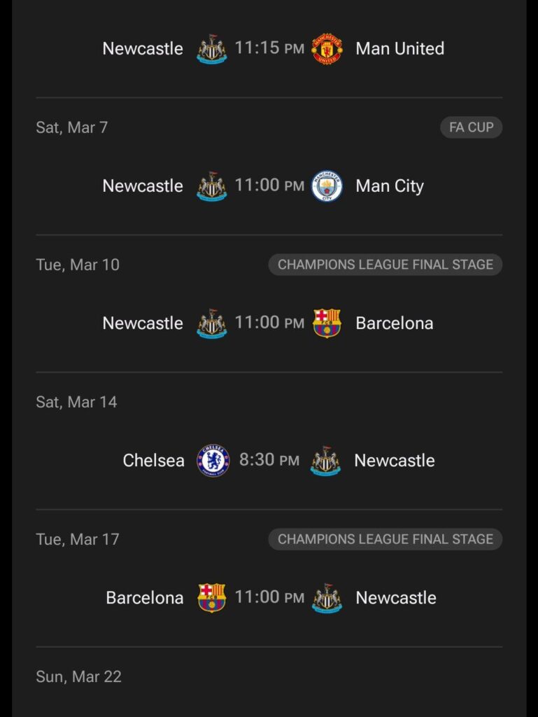Newcastle's Match Schedule around our R016 tie with them.