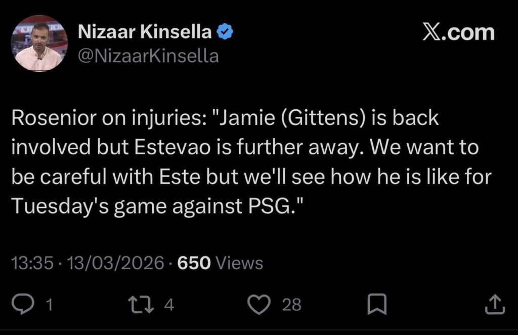 [Nizaar Kinsella] Rosenior on injuries: "Jamie (Gittens) is back involved but Estevao is further away. We want to be careful with Este but we'll see how he is like for Tuesday's game against PSG."