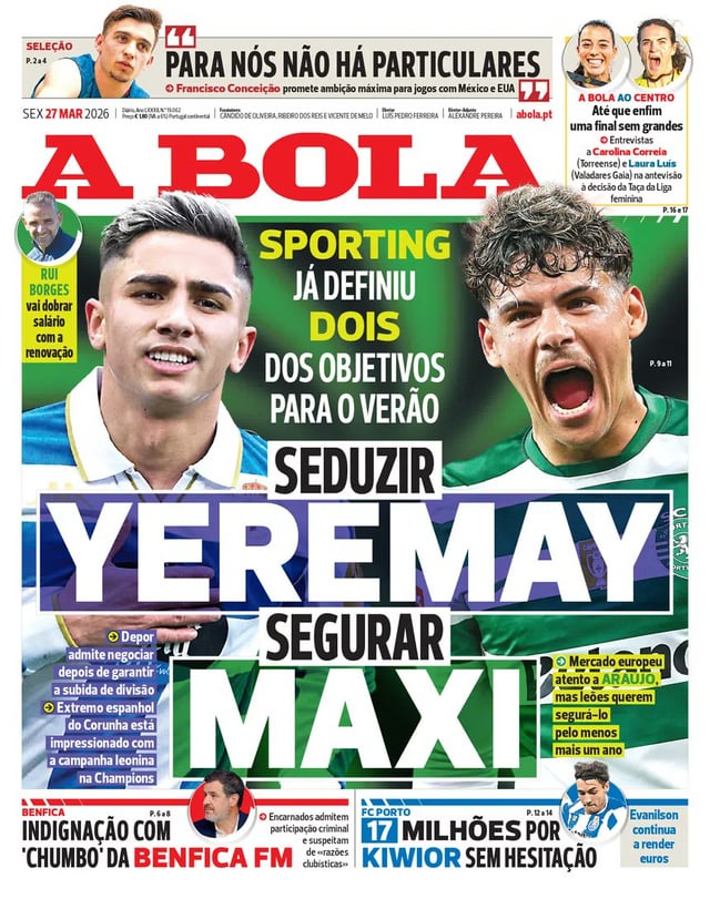 Capas dos jornais desportivos portugueses de sexta-feira 27 Mar.