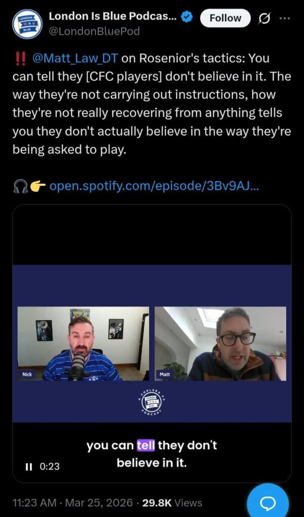 [Matt Law] on Rosenior's tactics: You can tell they [CFC players] don't believe in it. The way they're not carrying out instructions, how they're not really recovering from anything tells you they don't actually believe in the way they're being asked to play