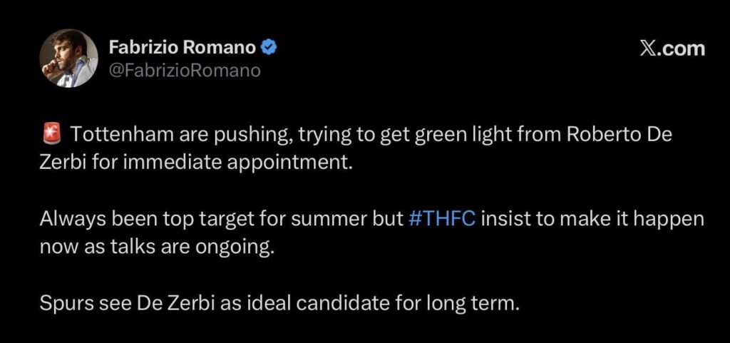 Tottenham are pushing, trying to get green light from Roberto De Zerbi for immediate appointment. Always been top target for summer but #THFC insist to make it happen now as talks are ongoing. Spurs see De Zerbi as ideal candidate for long term