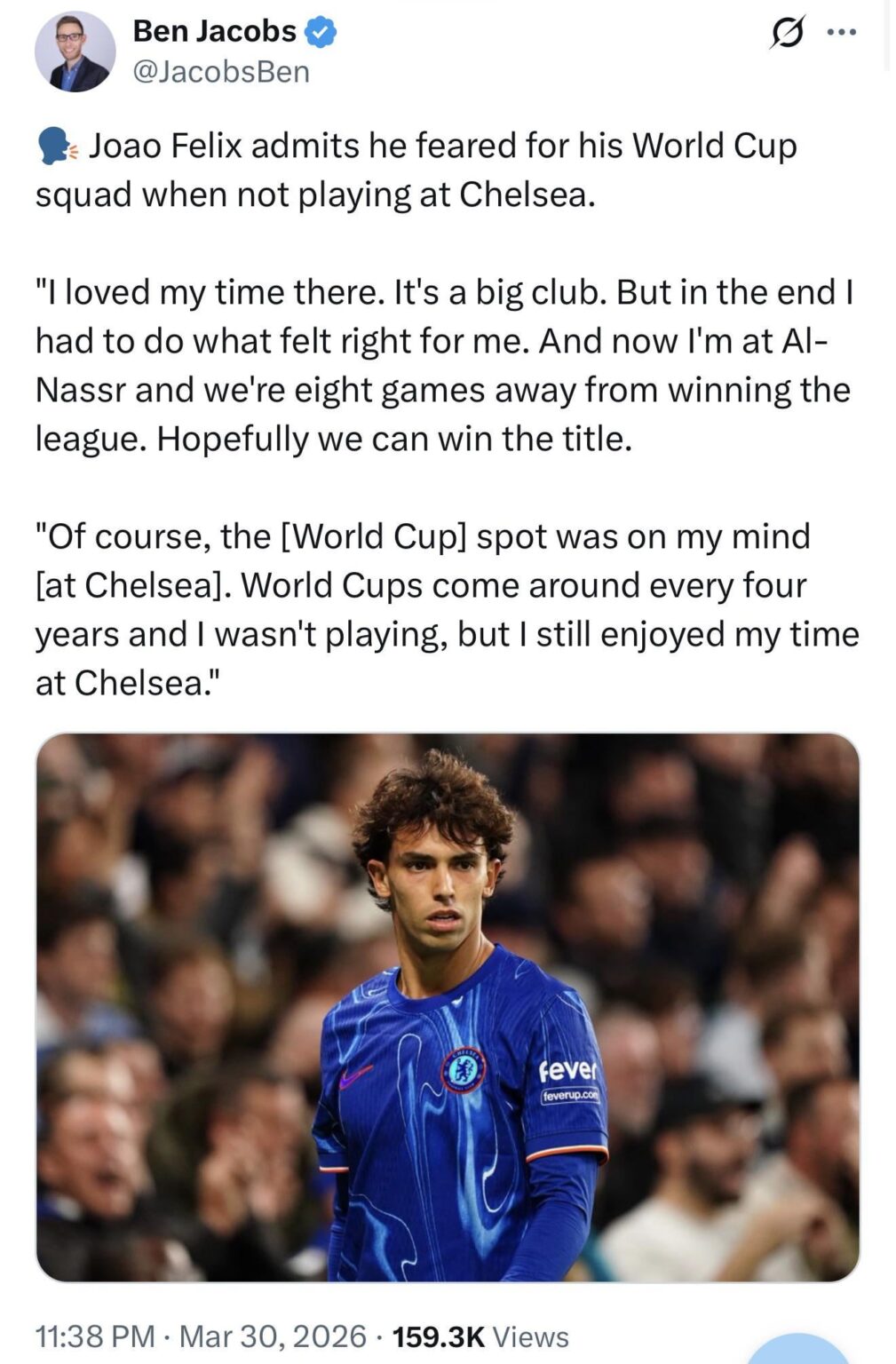 Joao Felix on Chelsea: “I loved my time there. It’s a big club. But in the end I had to do what felt right for me. “The [World Cup] spot was on my mind [at Chelsea]. World Cups come around every four years and I wasn’t playing, but I still enjoyed my time at Chelsea.”