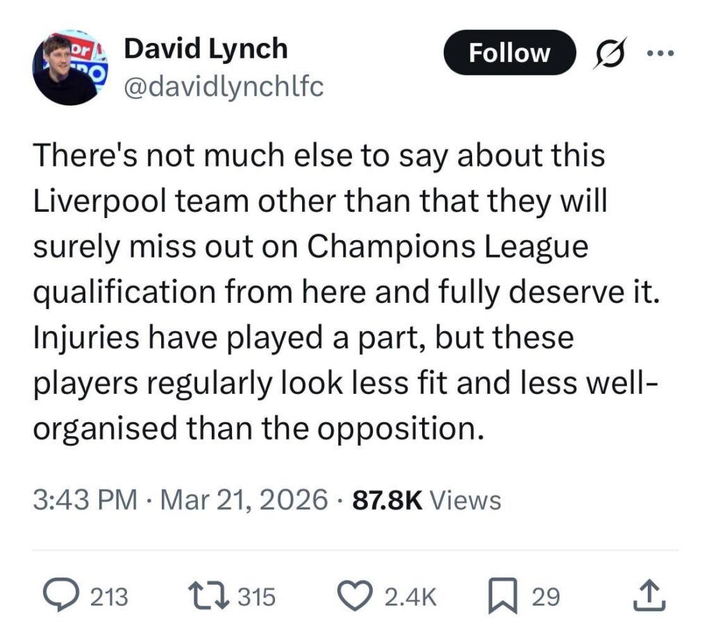 [David Lynch] There's not much else to say about this Liverpool team other than that they will surely miss out on Champions League qualification from here and fully deserve it. Injuries have played a part, but these players regularly look less fit and less well-organised than the opposition.
