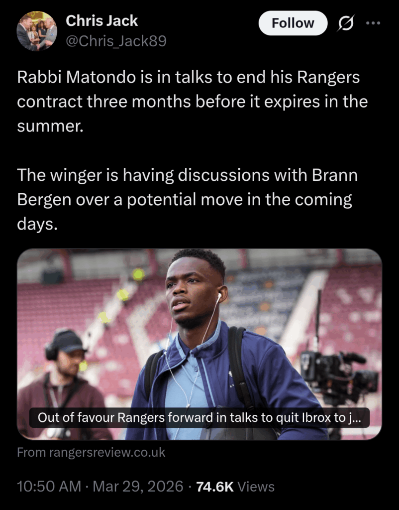 Shockingly, Matondo is still a Rangers player. Seemingly not for long now though.