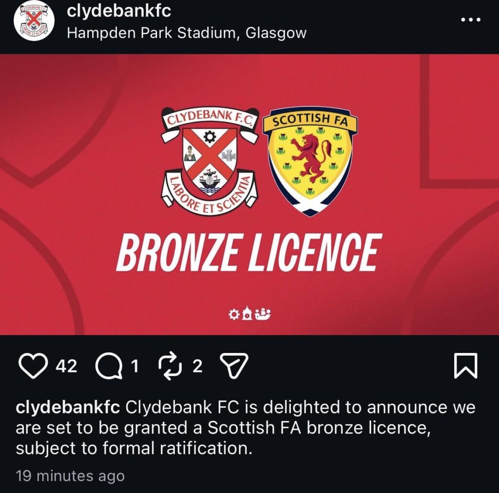 Clydebank announce that they have been given an SFA bronze license
