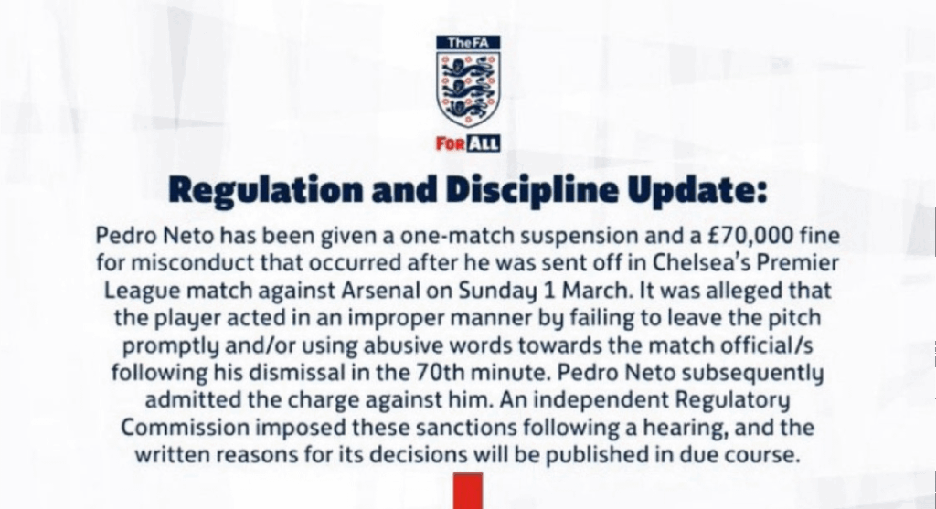 The FA: Pedro Neto given a one match ban for misconduct occurring after being off against Arsenal. Winger also fined £70k.