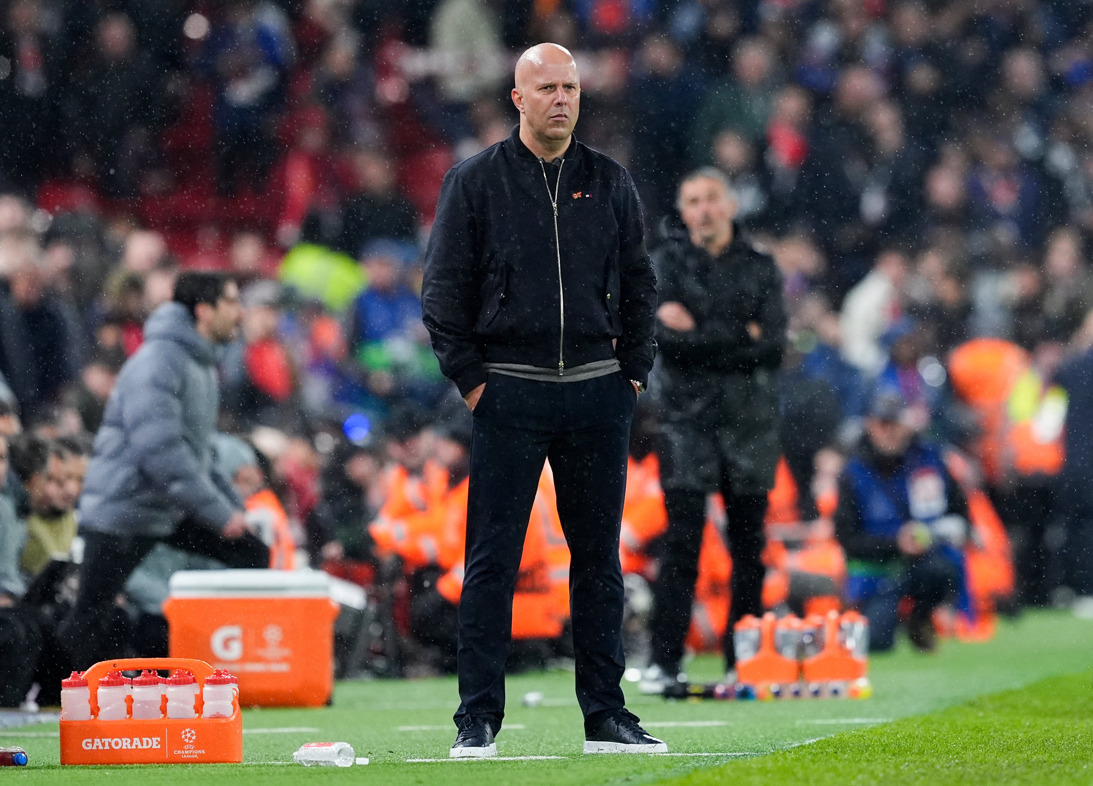 Arne Slot reacts during Liverpool v Paris Saint-Germain