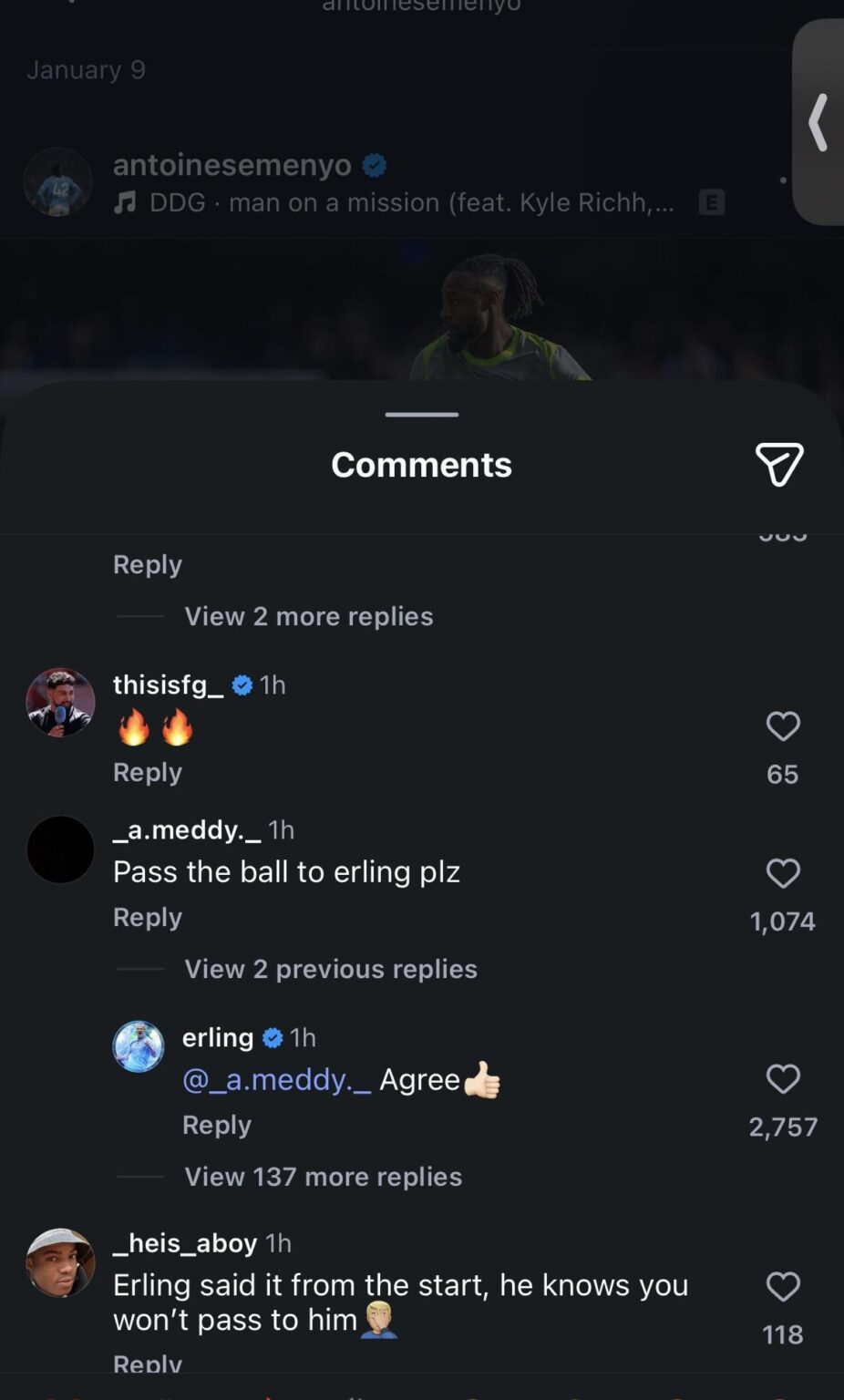 Haaland comment under Semenyo post today