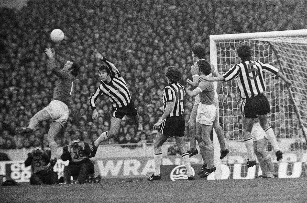 Newcastle United in action against Manchester City during the League Cup final at Wembley, February 1976