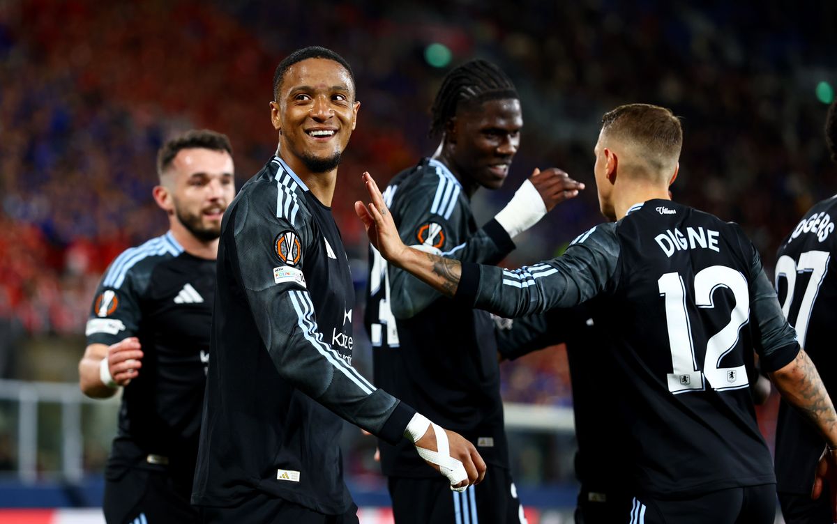 Ezri Konsa of Aston Villa celebrates scoring a goal after making the score 0-1.