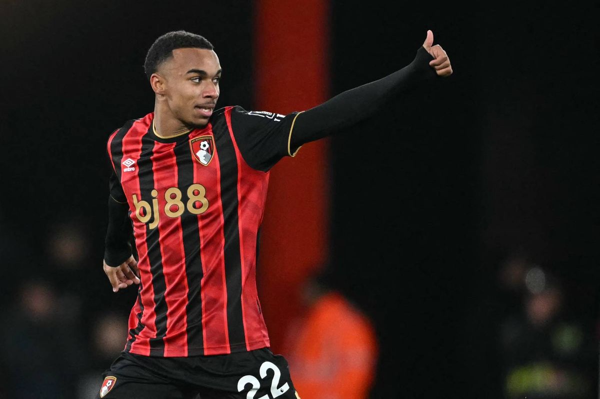 Bournemouth's French striker #22 Eli Junior Kroupi celebrates scoring their second goal for 2-3 during the English Premier League football match between Bournemouth and Arsenal at the Vitality Stadium