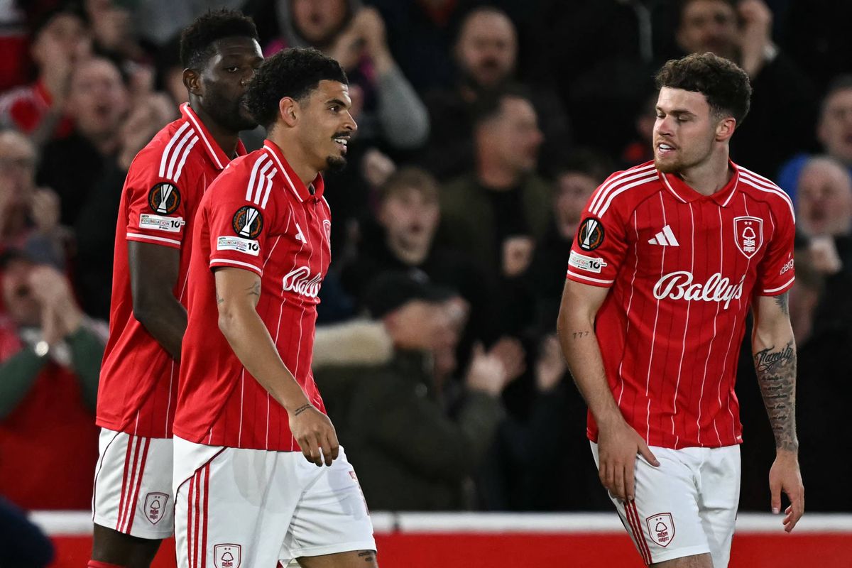 Nottingham Forest's English midfielder #10 Morgan Gibbs-White (C) celebrates scoring the opening goal during the UEFA Europa League quarter final second-leg football match between Nottingham Forest and FC Porto at The City Ground.