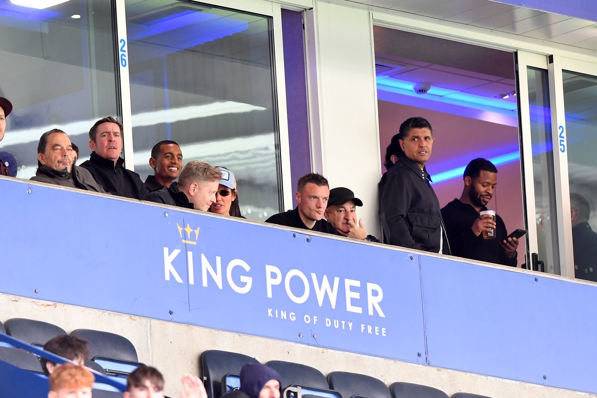 Former Leicester City player Jamie Vardy watches from the stands during the Sky Bet Championship match between Leicester City and Swansea City at The King Power Stadium