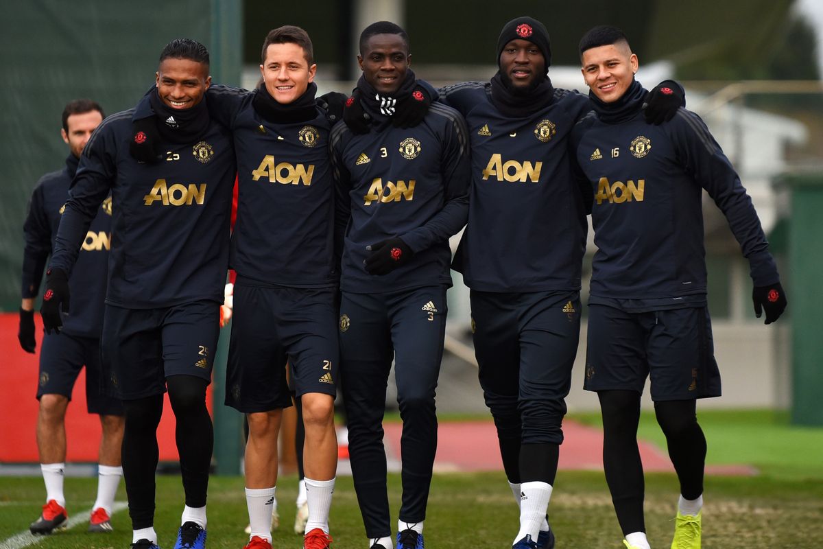 Antonio Valencia, Ander Herrera, Eric Bailly, Romelu Lukaku and Marcos Rojo of Manchester United arrives for a training session ahead of their UEFA Champions League Group H match against Valencia at Aon Training Complex on December 11, 2018 in Manchester, England.