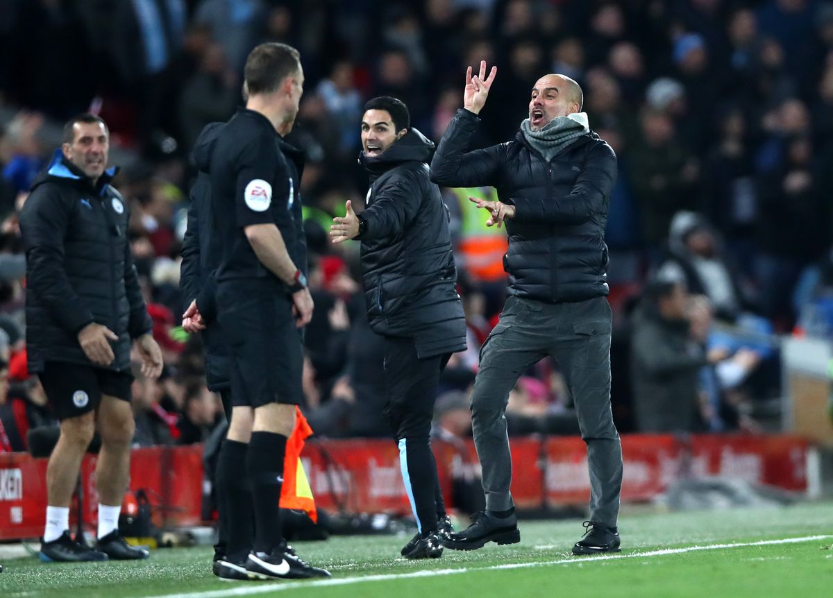 LIVERPOOL, ENGLAND - NOVEMBER 10: Manchester City Manager Pep Guardiola reacts during the Premier League match between Liverpool FC and Manchester City at Anfield on November 10, 2019 in Liverpool, United Kingdom. (Photo by Chloe Knott - Danehouse/Getty Images)