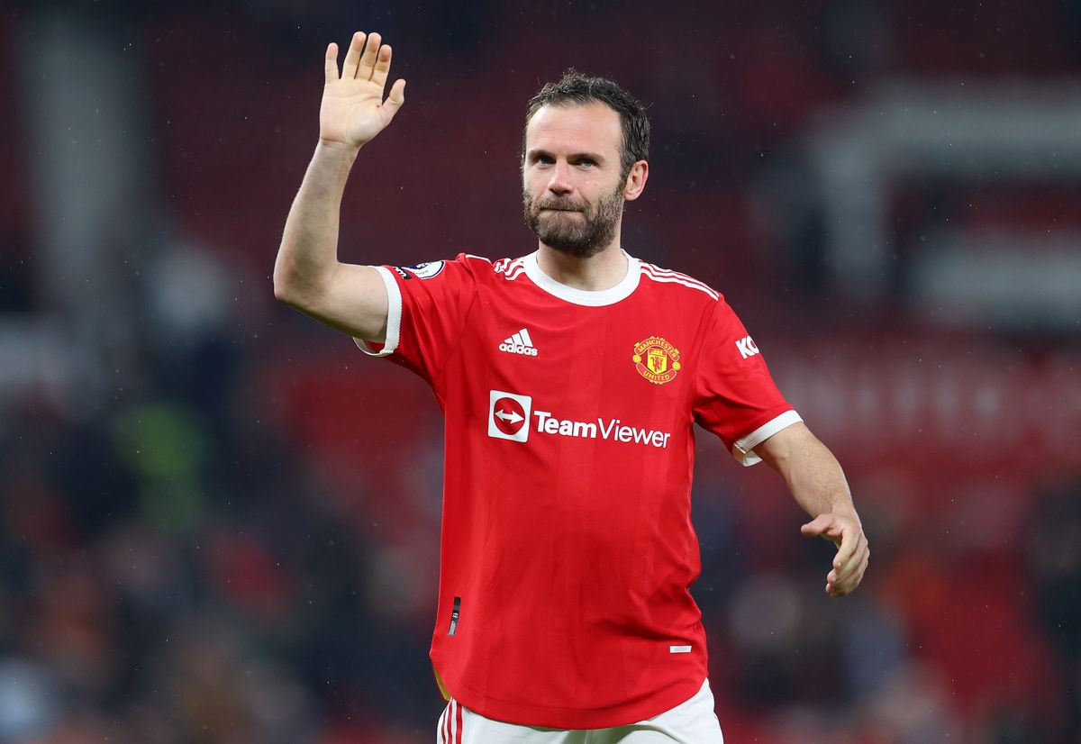 Juan Mata of Manchester United interacts with the crowd after the final whistle of the Premier League match between Manchester United and Brentford at Old Trafford on May 02, 2022 in Manchester, England