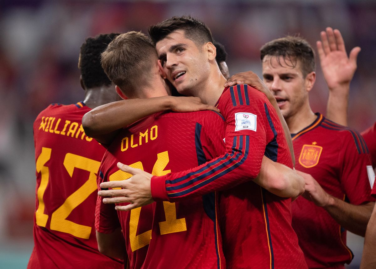 Dani Olmo celebrating with Alvaro Morata