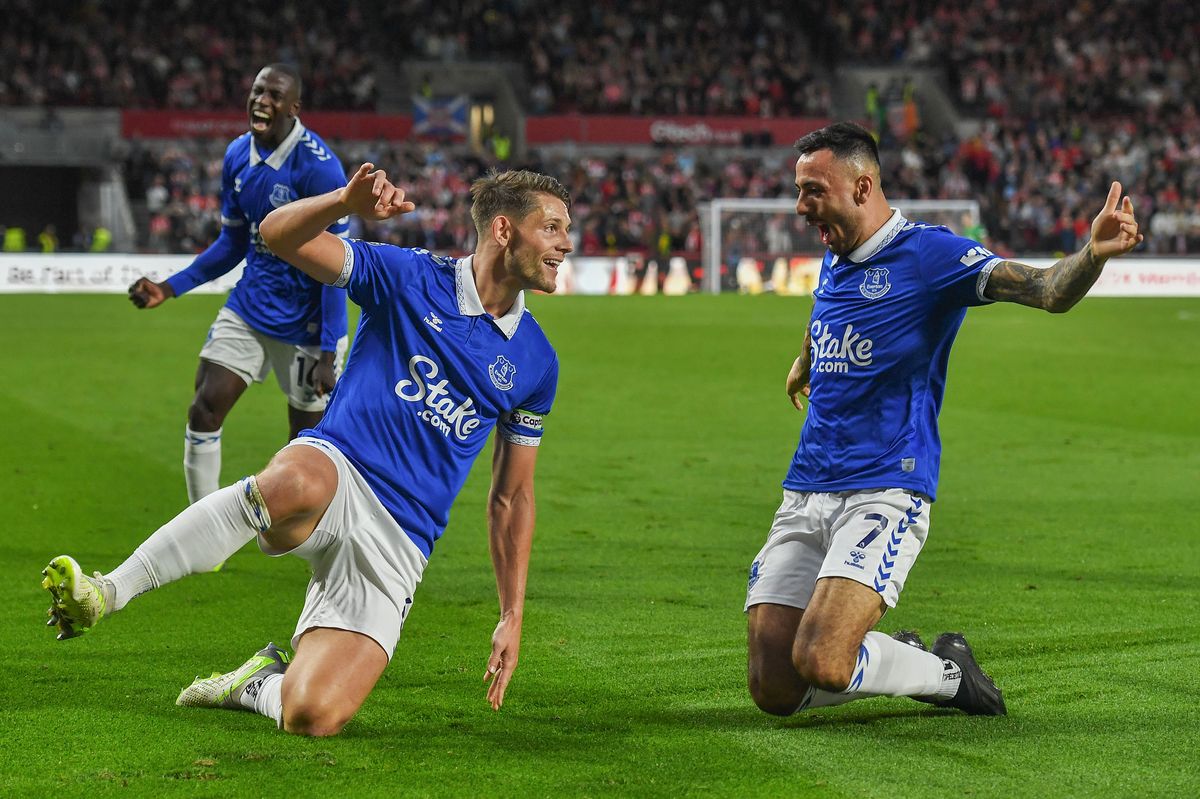 James Tarkowski celebrates his goal during the match between Brentford and Everton at on September 23, 2023
