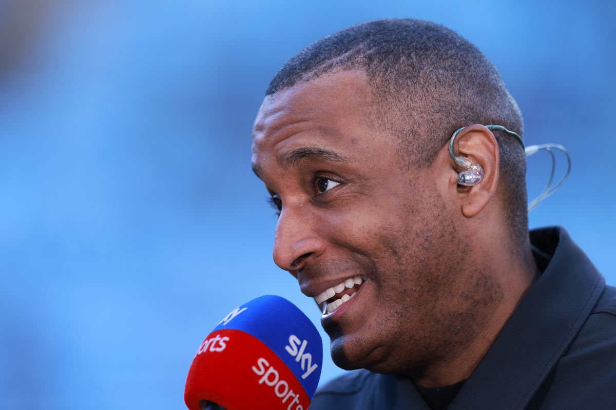 Former footballer Clinton Morrison working as a Sky Sports pundit during the Sky Bet Championship match between Coventry City and Ipswich Town at The Coventry Building Society Arena on April 30, 2024 in Coventry, England.