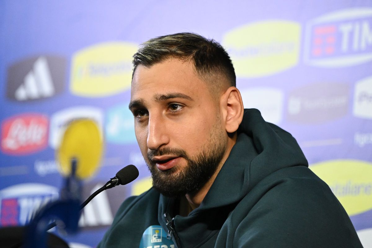 Gianluigi Donnarumma of Italy speaks to the media