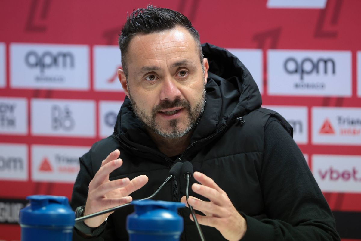 Coach of Olympique de Marseille Roberto De Zerbi speaks to the media during the post-match press conference following the Ligue 1 football match between AS Monaco (ASM) and Olympique de Marseille (OM) at Stade Louis II on April 12, 2025 in Monaco, Monaco