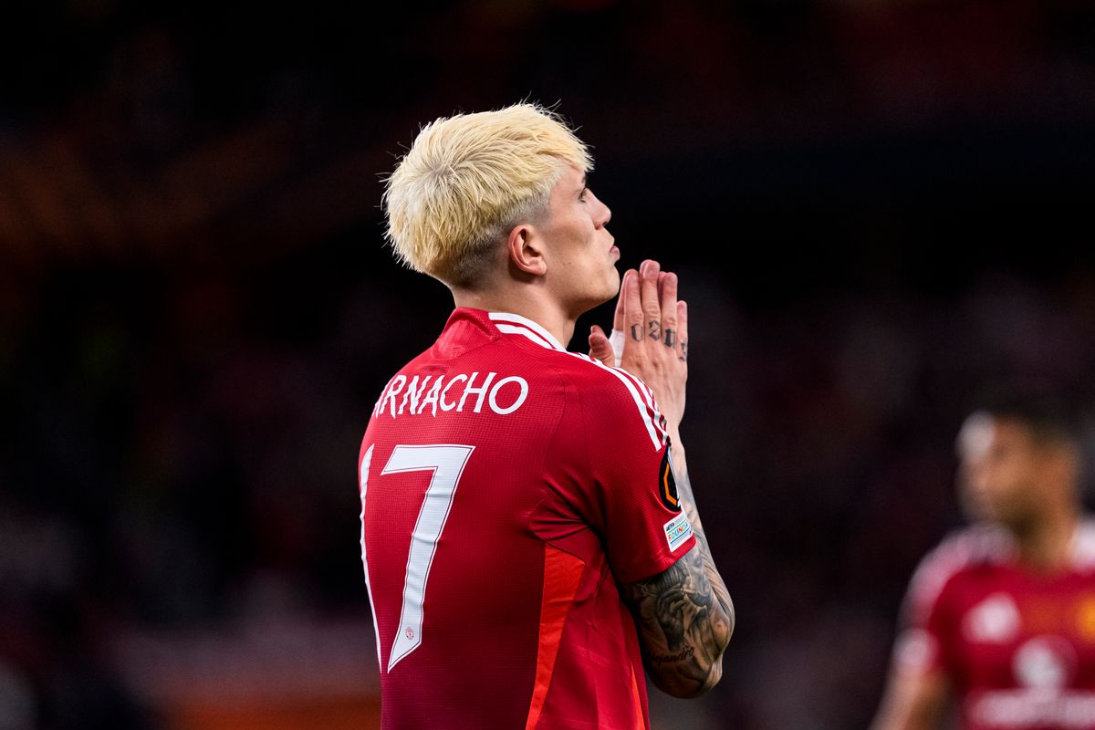 Alejandro Garnacho of Manchester United reacts during the UEFA Europa League Final 2025 between Tottenham Hotspur and Manchester United at San Mamés Stadium on May 21, 2025 in Bilbao, Spain. 