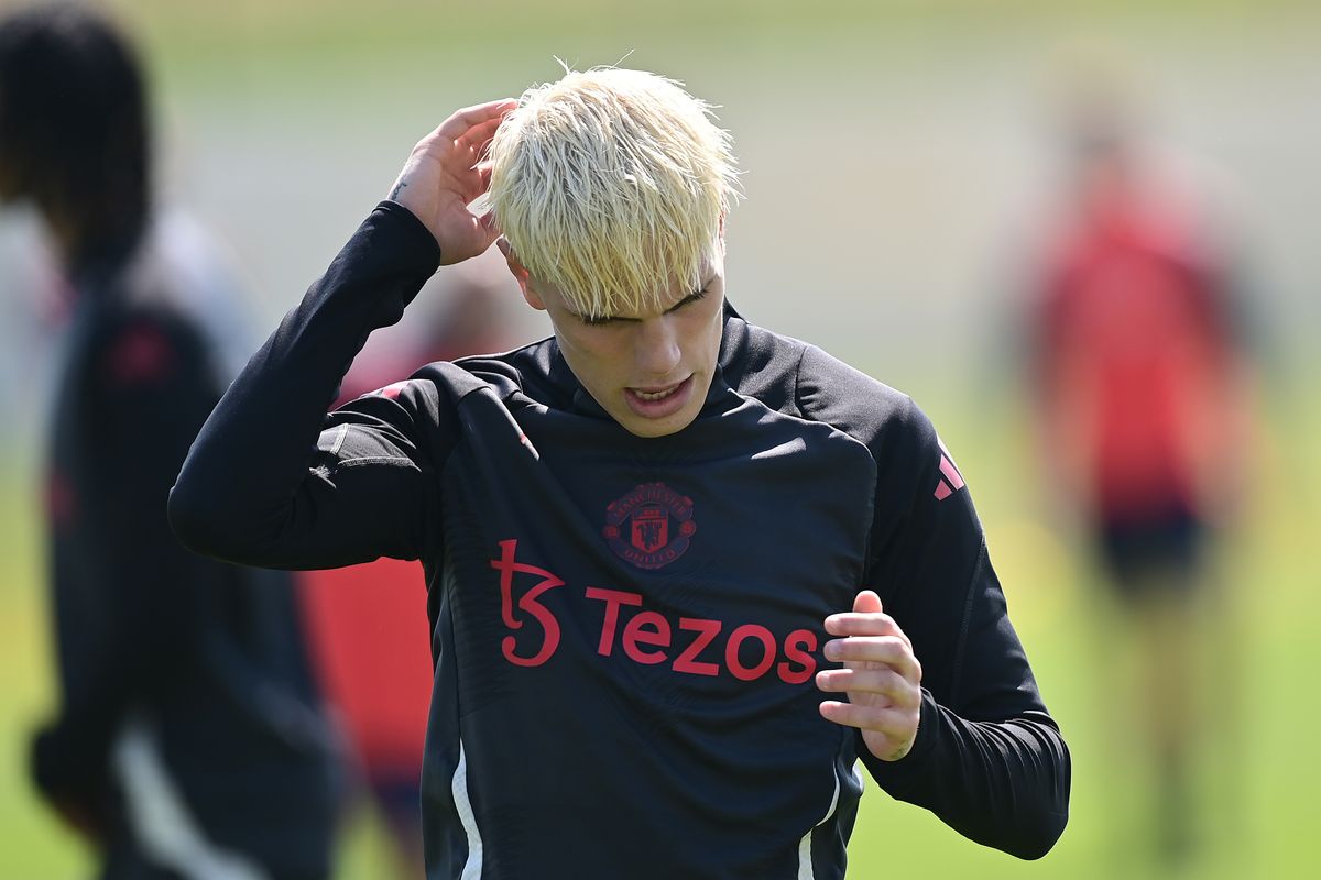 Alejandro Garnacho of Manchester United in action during a first team training session ahead of the UEFA Europa League Final 2025 between Tottenham Hotspur and Manchester United at Carrington Training Ground on May 20, 2025 in Manchester, England. 