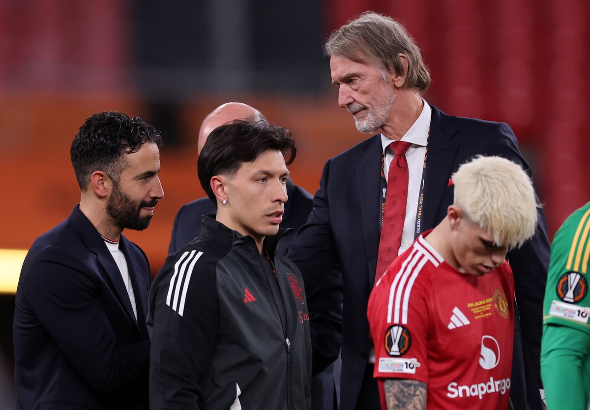 Alejandro Garnacho, Lisandro Martinez and Ruben Amorim manager / head coach of Manchester United walk past Sir Jim Ratcliffe after the UEFA Europa League Final 2025 between Tottenham Hotspur and Manchester United at at Estadio de San Mames on May 21, 2025 in Bilbao, Spain. 