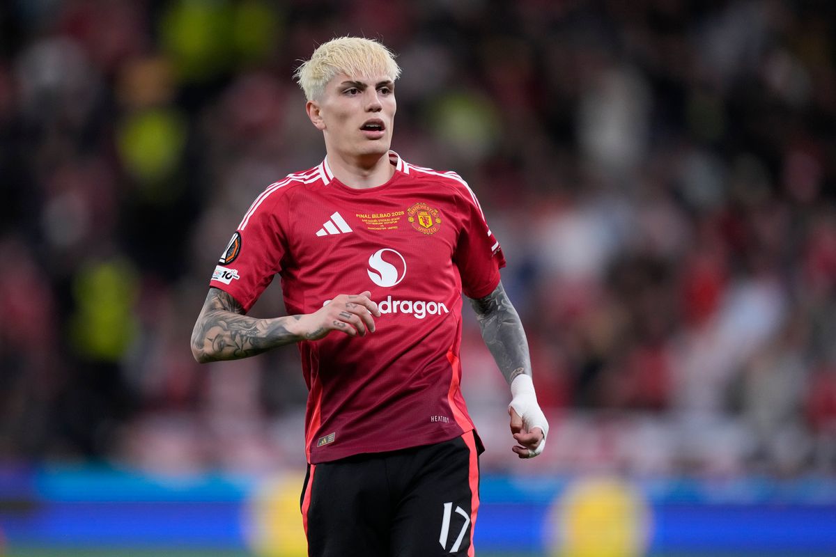 Alejandro Garnacho left winger of Manchester United and Argentina controls the ball during the UEFA Europa League Final 2025 between Tottenham Hotspur and Manchester United at Estadio San Mames on May 21, 2025 in Bilbao, Spain. 