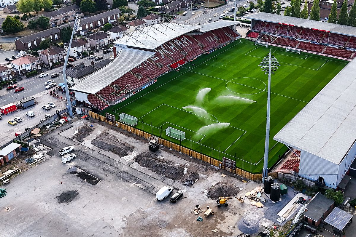 A general aerial view of the Racecourse, home stadium of Wrexham as work on the Kop stand expansion is seen in progress