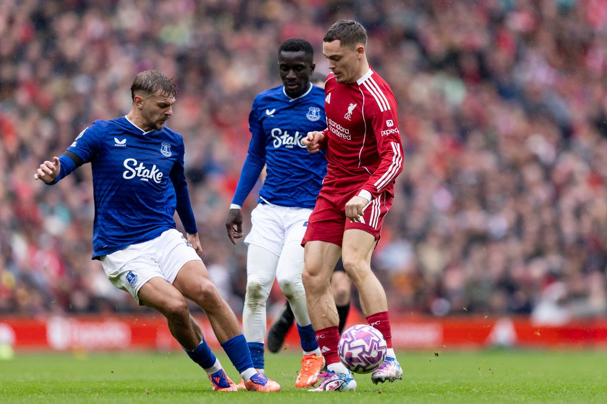 Florian Wirtz is challenged by Kiernan Dewsbury-Hall during the Anfield Merseyside derby earlier this season