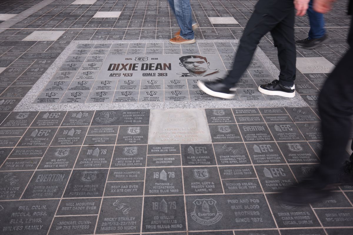 LIVERPOOL, ENGLAND - OCTOBER 5: Dixie Dean tiles and other Everton Player Plaques Outside Hill Dickinson Stadium before the Premier League match between Everton and Crystal Palace at Hill Dickinson Stadium on October 5, 2025 in Liverpool, England. (Photo by Ed Sykes/Sportsphoto/Allstar Via Getty Images)