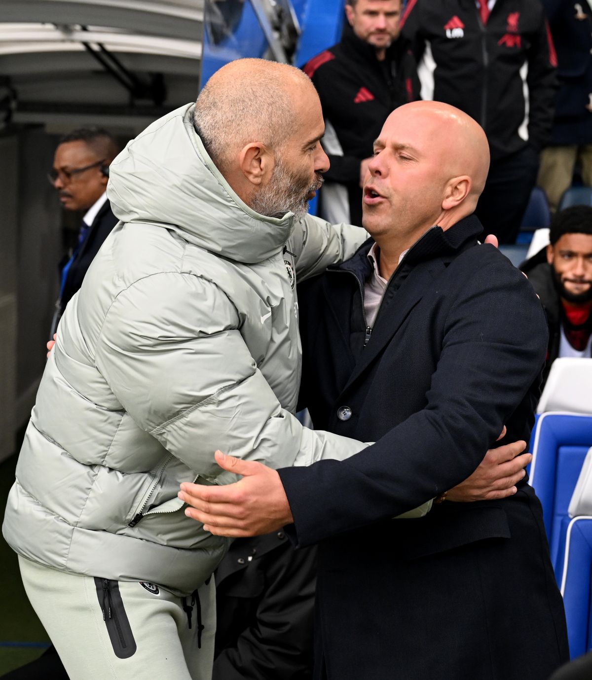 Enzo Maresca and Arne Slot before Chelsea vs Liverpool.