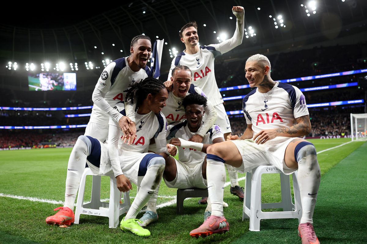Mohammed Kudus of Tottenham Hotspur celebrates scoring his team's second goal with teammates during the UEFA Champions League 2025/26 League Phase MD6 match between Tottenham Hotspur and SK Slavia Praha at Tottenham Hotspur Stadium on December 09, 2025 in London, England