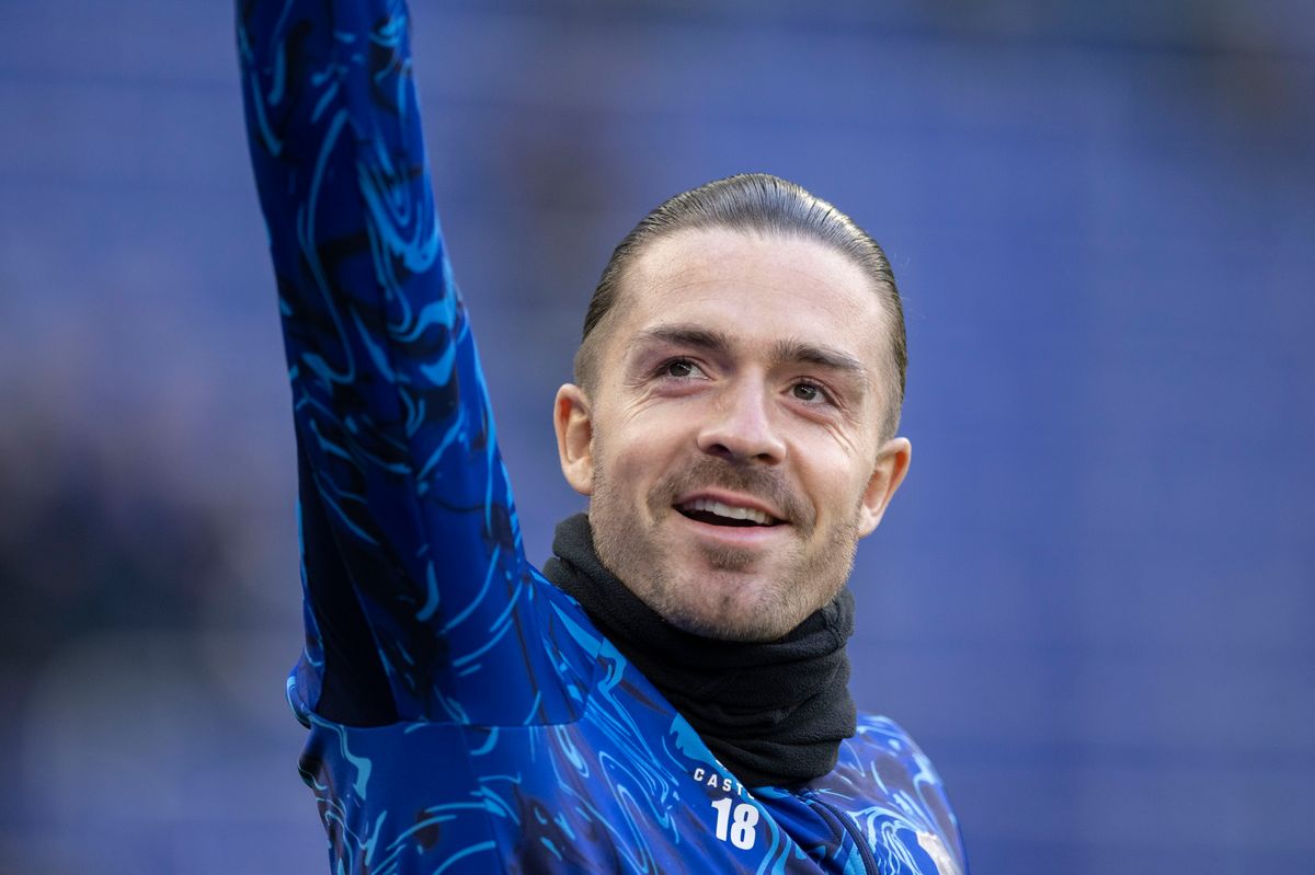 Jack Grealish salutes the fans during the Premier League match between Everton and Brentford at Hill Dickinson Stadium
