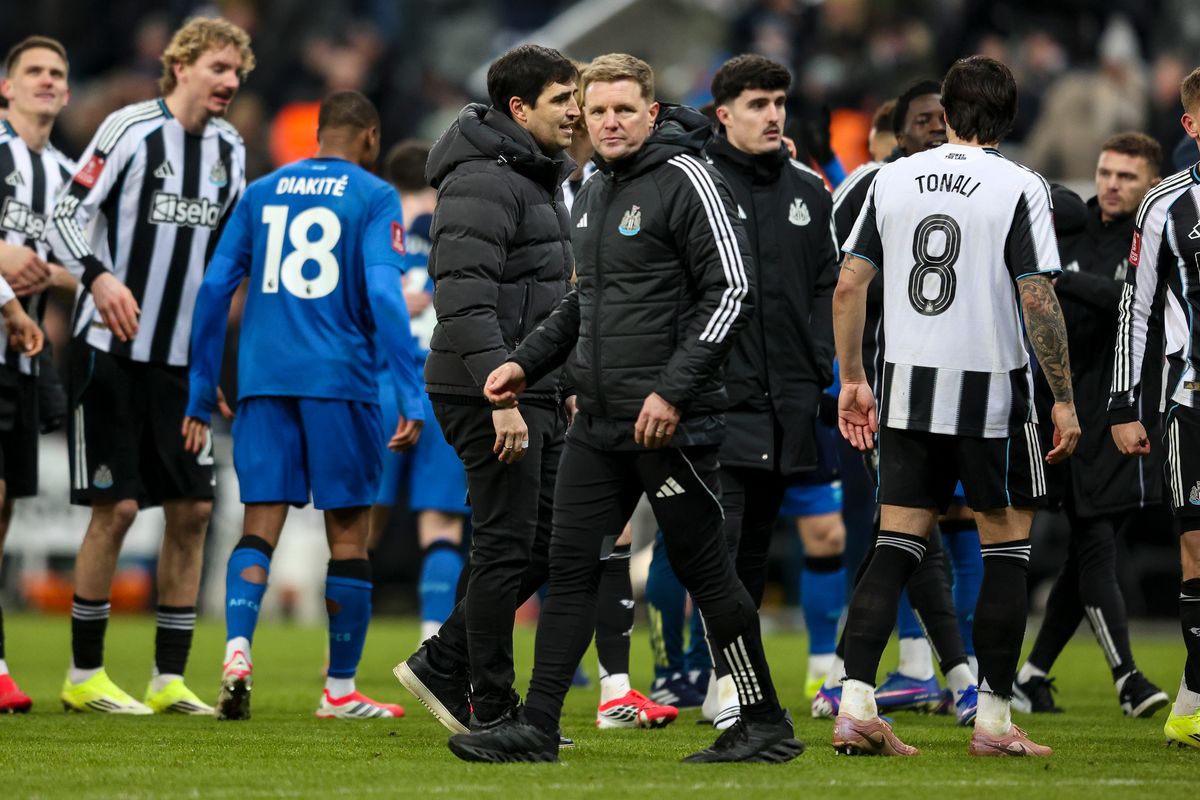 Andoni Iraola of Bournemouth and Eddie Howe of Newcastle United after United's FA Cup win in January