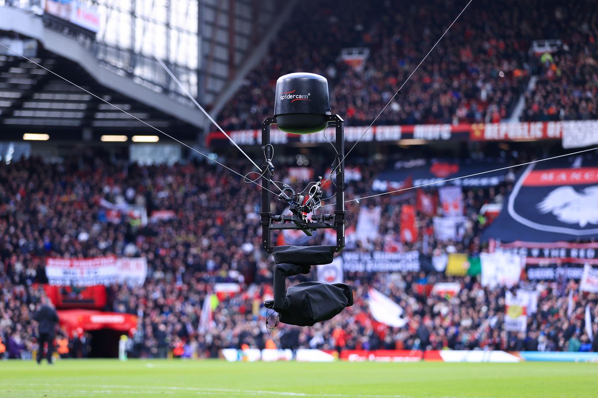 Premier League broadcasters' Spidercam captures the atmosphere at Old Trafford ahead of Manchester United vs Manchester City