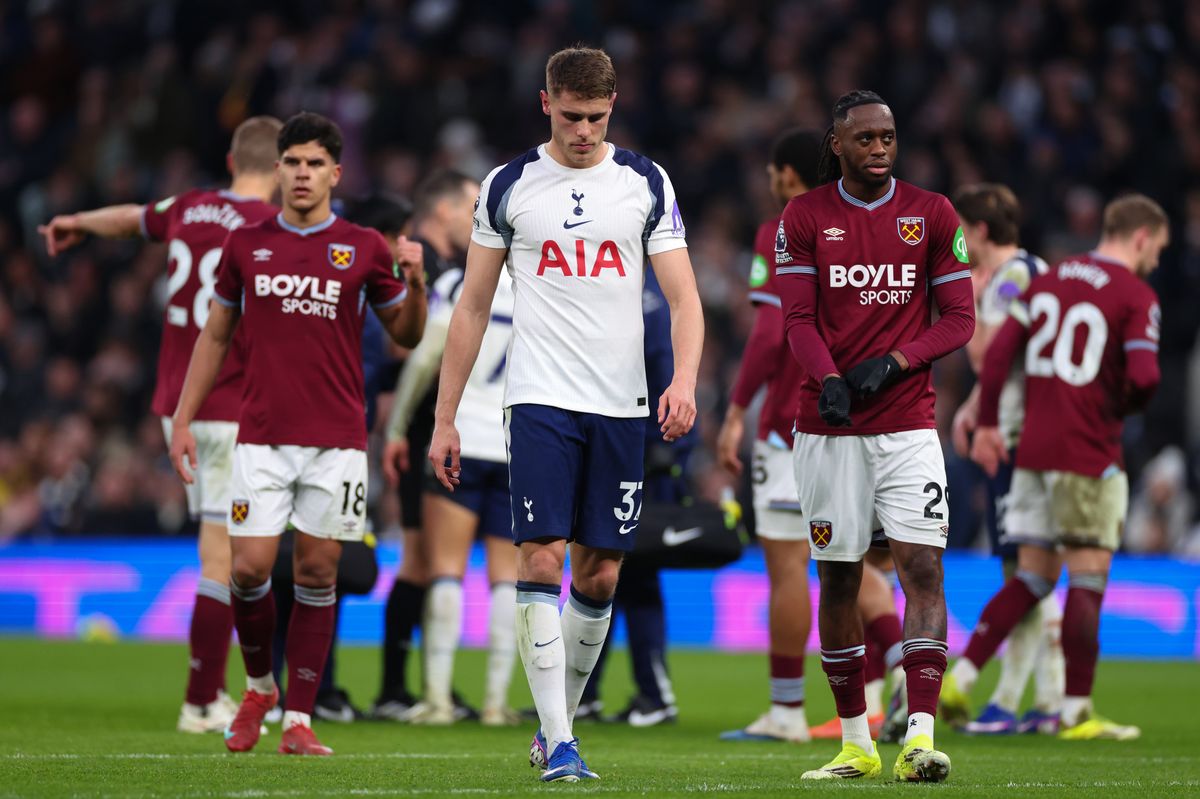 Micky van de Ven of Tottenham Hotspur looks dejected during the Premier League match between Tottenham Hotspur and West Ham United at Tottenham Hotspur Stadium