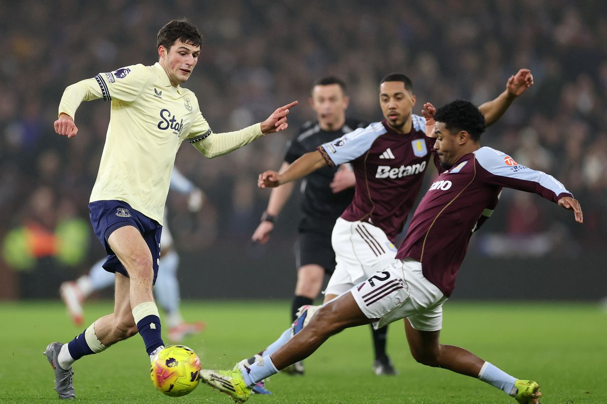 Merlin Rohl is challenged by Ian Maatsen during the Premier League match between Aston Villa and Everton at Villa Park. Photo by Alex Pantling/Getty Images